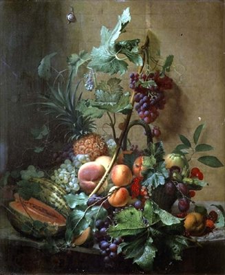 Stilleben af en melon, blommer, ferskner af Otto Didrik Ottesen
