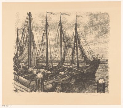 Fortøjede fiskefartøjer i en havn af Otto Hanrath (signed by artist)