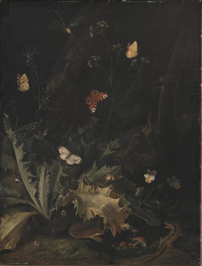 En skovbund med en tidsel, en slange, en firben og sommerfugle af Otto Marseus  van Schrieck