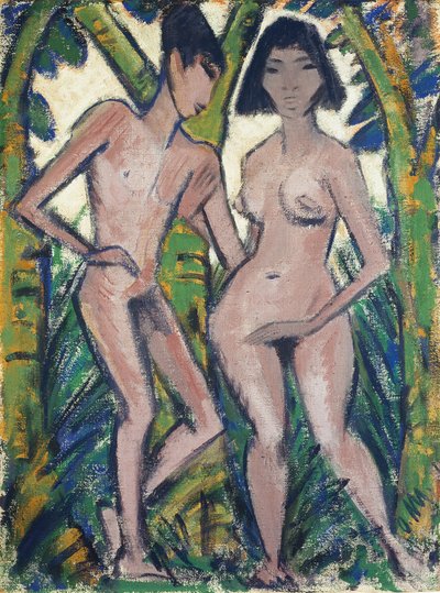 Adam og Eva, ca. 1913-22 (kalkvandsfarve på hessian) af Otto Muller or Mueller