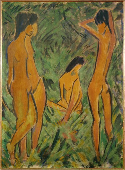 Dreng foran to piger, den ene stående, den anden siddende (misfarvning på sækkelærred) af Otto Muller or Mueller