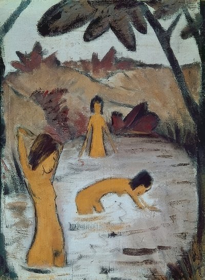 Tre badende i dammen. Omkring 1912 af Otto Mueller