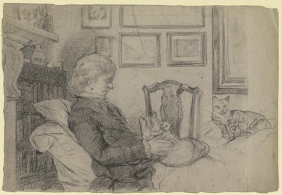Luise Scholderer ved kaminen med mange katte af Otto Scholderer
