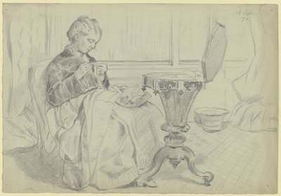 Luise Scholderer ved sybordet med et håndarbejde af Otto Scholderer