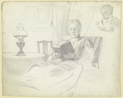 Luise Scholderer læsende med bord og lampe, brystbillede af en kvindelig figur i baggrunden af Otto Scholderer