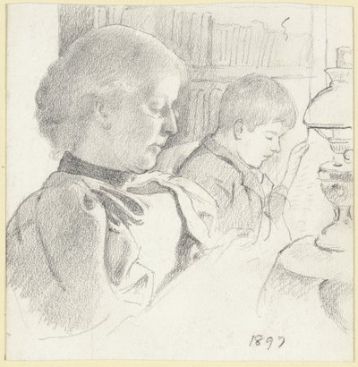 Luise Scholderer og Victor læser af Otto Scholderer