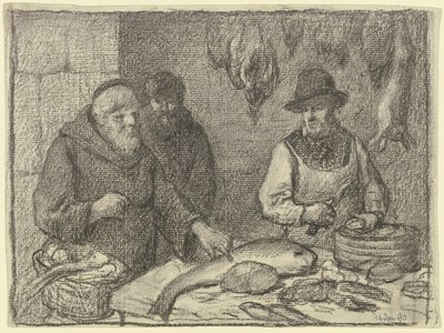 Munk med en fiskehandler af Otto Scholderer