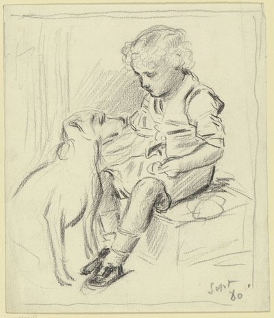 Siddende dreng med siddende hund af Otto Scholderer