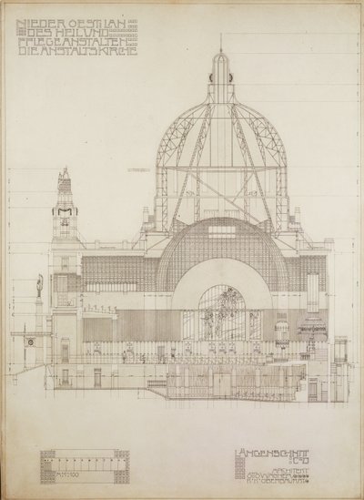 Lodret projektion af kirken i Steinhof, Wiens centrale hospital for psykisk syge ... af Otto Wagner