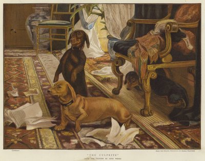 Tre gravhunde omkring en stol i en stue (farve litho) af Otto Weber