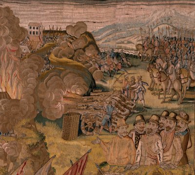 flamsk gobelin. Serie triumfer og slag af ærkehertug Albert. Natangreb på Ardres eller erobringen af den lave by Ardres (Asalto nocturno de Ardrés o Toma de la baja villa de Ardrés). Tredje gobelin i serien. Model Otto van Veen og Hans I Snell af Otto van Veen