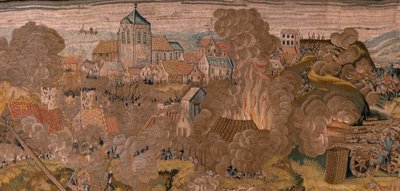 flamsk gobelin. Serie triumfer og slag af ærkehertug Albert. Natangreb på Ardres eller erobringen af den lave by Ardres (Asalto nocturno de Ardrés o Toma de la baja villa de Ardrés). Tredje gobelin i serien. Model Otto van Veen og Hans I Snell af Otto van Veen