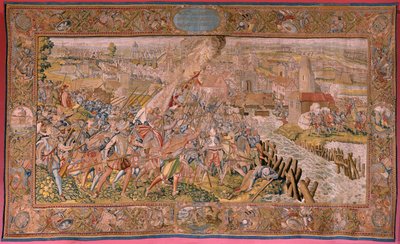 flamsk gobelin. Serie triumfer og slag af ærkehertug Albert. Overraskelse ved Calais (La sorpresa de Calais). Første gobelin i serien. Model Otto van Veen og Hans I Snellinck. Fremstilling Martin Reynbouts, Bruselas. 1597-1599. Stof Guld, sølv, si af Otto van Veen