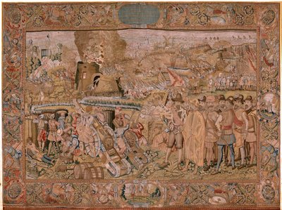 flamsk gobelin. Serie triumfer og slag af ærkehertug Albert. Indtagelsen af byen Hulst (Toma de la Plaza de Hulst). Syvende gobelin i serien. Model Otto van Veen og Hans I Snellinck. Fremstilling Martin Reynbouts, Bruxelles af Otto van Veen