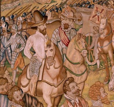 flamsk gobelin. Serie Triumfer og slag af ærkehertug Albert; Garnisonen i Ardres trækker sig tilbage til Frankrig (Retirada a Francia de la Guarnición de Ardrés). Fjerde gobelin i serien. Model Otto van Veen og Hans I Snellinck. Fremstilling Martin Reynbou af Otto van Veen