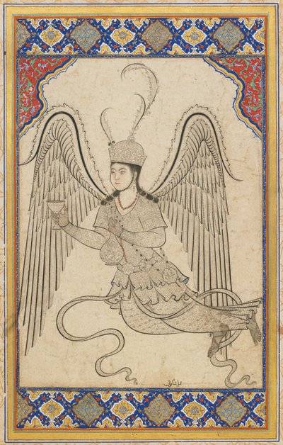 Engel, flyvende, med kop og vinflaske (blæk, farvevask og guld på papir) af Ottoman School