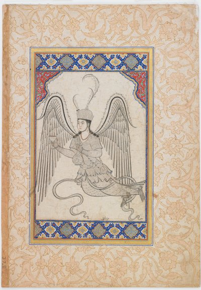 Engel, flyvende, med kop og vinflaske (blæk, farvevask og guld på papir) af Ottoman School