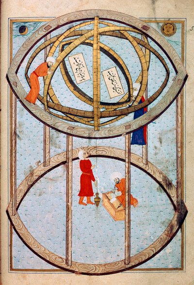 Astronomer manipulerer en enorm armillarkugle og værktøjer til at måle længde- og breddegrad Miniature fra manuskriptet ms. FY 1404 "" Sehinsahname"" (eller Shahinshah-nama eller Shahinshah-nameh, Shahinshah nama eller Shahinshah nameh) "Historien om konge af Ottoman School