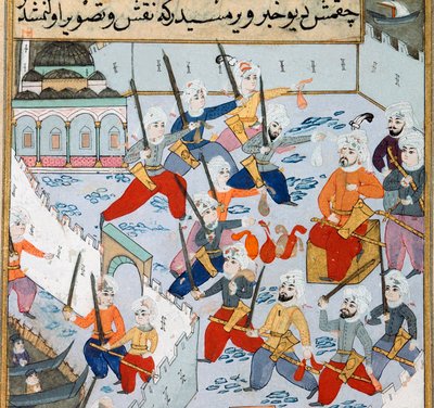 Tilfangetagelse af Konstantinopel: hæren af den osmanniske sultan Mehmet II (Mehmed II erobreren eller Muhammad II Fatih) (1430-1481) i Det Gyldne Horn belejrede byen Konstantinopel i 1453. Miniature fra det 15. århundrede. Topkapi Sarayi Museum Library Is af Ottoman School