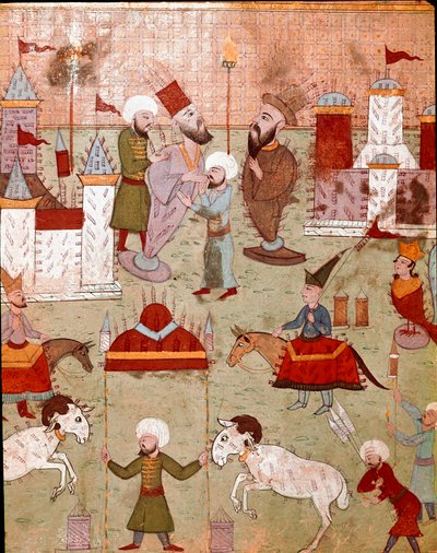 Festligheder organiseret i anledning af omskæringen af sønnen af den osmanniske sultan Murad II (Murat) (1404-1451), forberedelse af fyrværkeri Miniature fra det 16. århundrede Istanbul, Topkapi Sarayi Museum Library af Ottoman School