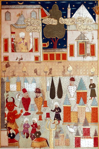 Festligheder organiseret i anledning af omskæringen af sønnen af den osmanniske sultan Murad II (Murat) (1404-1451), forberedelse af fyrværkeri Miniature fra det 16. århundrede Istanbul, Topkapi Sarayi Museum Library af Ottoman School