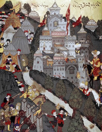Osmannerriget: Sultan Bayezid I (Bajazet) (1360 omkring 1402) vendte sejrrig tilbage til byen Nicopolis efter slaget af samme navn den 25/09/1396. 1500-tals miniature. Istanbul, Topkapi Sarayi Museumsbibliotek af Ottoman School