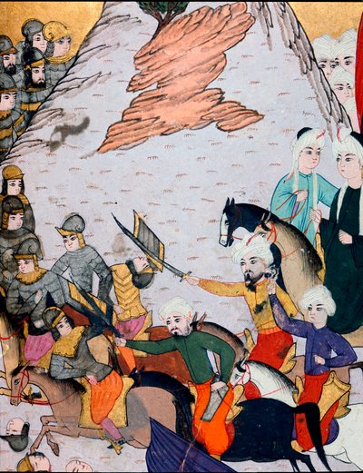 Osmannerriget: sammenstød mellem hæren af Sultan Bayezid I (Bajazet) (1360-omkring 1402) mod den fransk-ungarske alliance under slaget ved Nicopolis den 25/09/1396. 1400-tals miniature. Topkapi Sarayi Museum Library Istanbul af Ottoman School