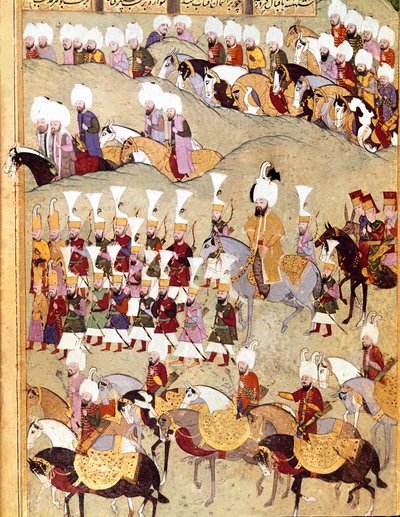Det Osmanniske Rige: "" repræsentation af den osmanniske sultan Murad II (Murat) (1404-1451) og hans Armee under invasionen af Persien""" Manuskript miniature ms. FY 1404 "" Sehinsahname"" (eller Shahinshah-nameh eller Shahinshah-nameh, Shahinshah nama, Sh af Ottoman School