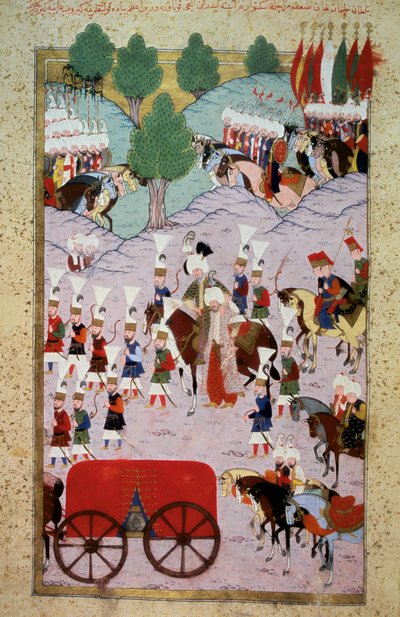 Det Osmanniske Rige: repræsentation af Sultan Soliman (Suleyman) Jeg sagde den storslåede (1520-1566) og hans hær. Miniature fra "Hunername" af Lokman, bd. 1 (H 1523, f.7) 1584 Topkapi Sarayi Museum Library Istanbul af Ottoman School