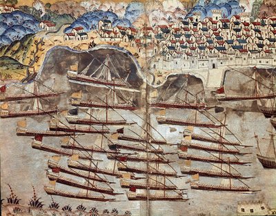 Osmannerriget: repræsentation af Barberossas flåde (Khizir Khayr ad-din (Barbaros Hozor Hayreddin Pasha eller Pasa eller Chair ad Din, Chaireddin eller Cheireddin) (1466-1546), kaper, vendt mod byen Nice 