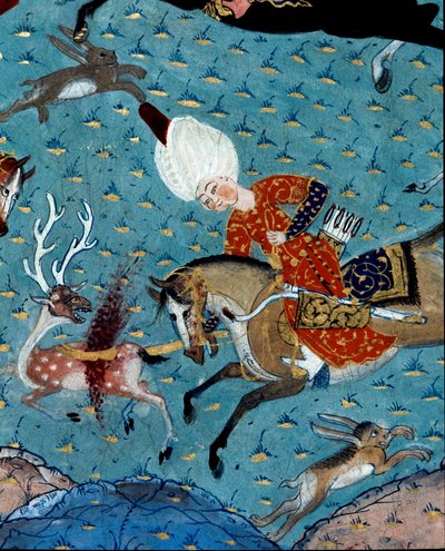 Repræsentation af hofmændene for Sultan Murad II (Murat) (1404-1451) på jagt på hjorte og harer. 1600-tals miniature. Istanbul, Topkapi Sarayi Museumsbibliotek af Ottoman School