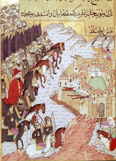 Andet korstog (1147-1149): Korstogene foran byen Aleppo i Syrien. 1500-tals miniature. Topkapi Sarayi Istanbul af Ottoman School