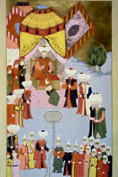 Sultan Bayezid (eller Bajazet) I (1360-ca. 1402) har sin Miniature Court fra "Hunername" af Lokman, vol. 1 (H 1523, f.7) 1584 Topkapi Sarayi Museum Library Istanbul af Ottoman School