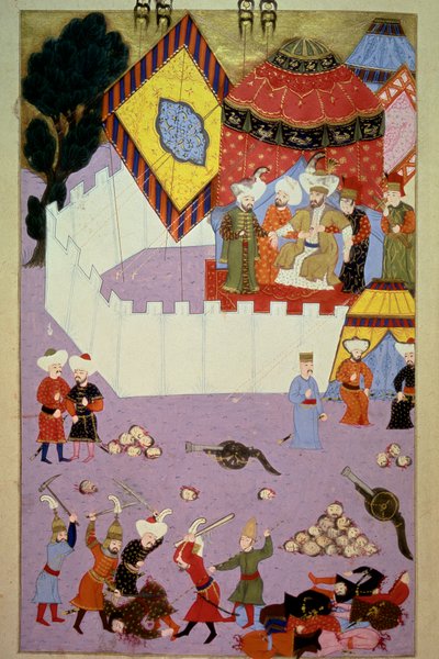 Mordet på Sultan Murad I (1326-1389) af den serbiske ridder Milos Obilic (Kobilic eller Kobilovic) (død 1389) i slaget ved Kosovo efter osmannernes sejr over serbernes miniature fra Lokmans "Hunername", bd. 1 (H 1523, f.7) 1584 To af Ottoman School