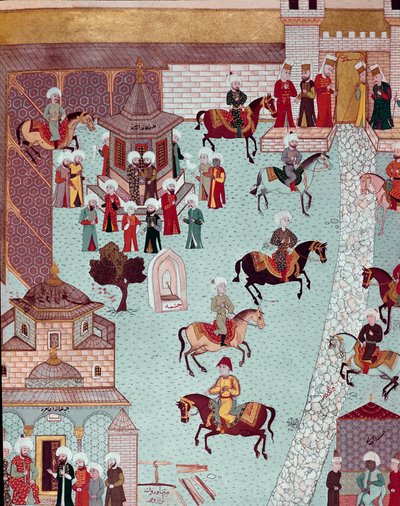 Udsigt over kirken St. Irene (Saint Irene), porten til Serail og sultanernes palads i Konstantinopel Miniature fra det 17. århundrede. Topkapi Sarayi Istanbul af Ottoman School
