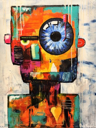 Farverig, abstrakt robot af Owe Emfestav