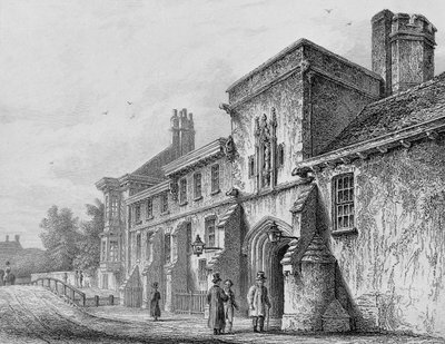 College Gate og Wardens Lodge Winchester, ca. 1830 af Owen Brown Carter