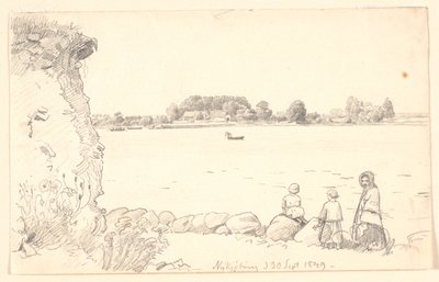 En dame og to børn ved Guldborgsund. Nykøbing Falster. af P.C. Skovgaard