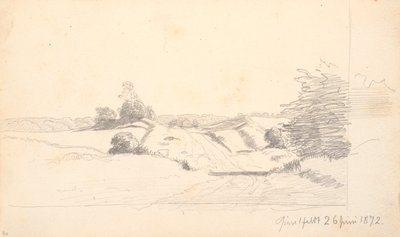 En markvej med lidt buske i forgrunden. I baggrunden et skovbryn af P.C. Skovgaard