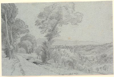 Italiensk bjerglandskab med udsigt mod "Genazzano 9 Juli 1869.". af P.C. Skovgaard
