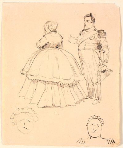 Karikatur af Frederik VII og Grevinde Danner; forneden af Christian VIII. af P.C. Skovgaard