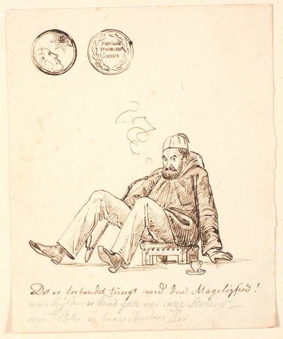 Karikatur af Johan Thomas Lundbye med fez, lang pibe og kaffekop, siddende paa en orientalsk skammel. Foroven medalje med inskriptionen "Møddingen stinker verst i soelskin" og forneden humoristisk indskrift. af P.C. Skovgaard