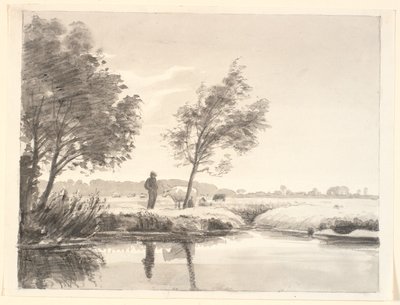 Landskab med marker, træer, køer og en bondemand, der spejler sig i forgrundens vand af P.C. Skovgaard