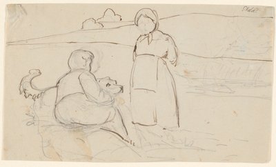 Siddende dreng med hund og stående pige i et landskab. af P.C. Skovgaard