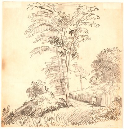 Spadserende på sti (muligvis Vedbæk). af P.C. Skovgaard