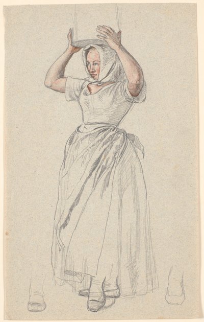 Stående bondepige med et mælkekar på hovedet. af P.C. Skovgaard