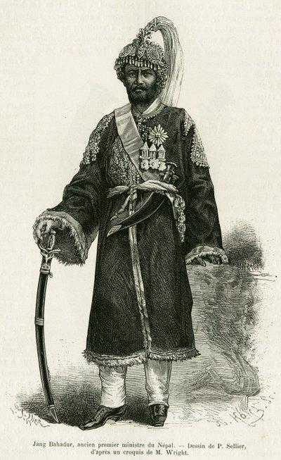 Jang Bahadur (1816-1877), Nepals premierminister. Gravering af P.Sellier for at illustrere historien Voyage au Nepal, af Dr. Gustave Le Bon (1841-1931), i le tour du monde 1886, instrueret af Edouard Charton (1807-1890), Hachette, Paris. af P. (after) Sellier