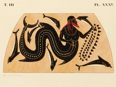 Tryk af dekorationen på en græsk amfora, der viser Poseidon ledsaget af delfiner, ca. 1858 (akvarel og kropsfarve over litho på vævet papir) af P. Bineteau