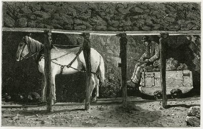Interiør i et galleri med berlaine. Gravering af Ferat til illustration af historien "Belgien" af Camille Lemonnier (1844-1913), belgisk forfatter. Udgivet i Le Tour du monde, nouveau journal des voyages, 2. semester 1884, redigeret af Edouard Charton (180 af P. Ferat