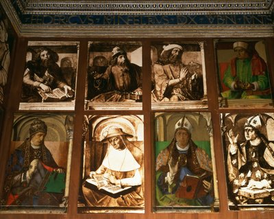 Studiet af Federigo da Montefeltro, hertug af Urbino, med uret fra TL: De græske filosoffer Platon (ca. 427-347 f.Kr.) og Aristoteles (384-322 f.Kr.); Ptolemæus, astronom (ca. 90-168); Boethius, filosof (ca. 48 af P. Joos van Gent and Berruguete